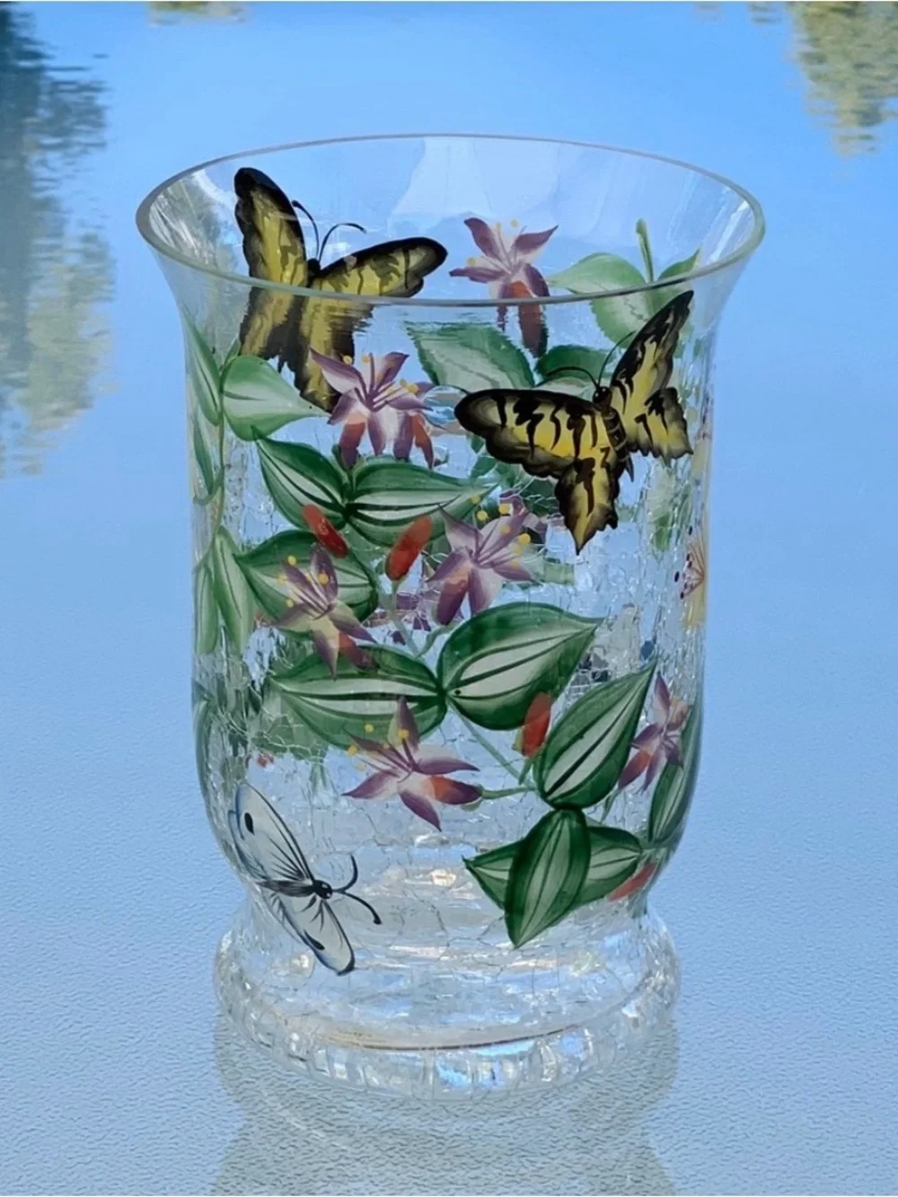 Fifth Avenue Crystal Butterfly Blossom Crackle Glass 6” Hurricane Candle Holder